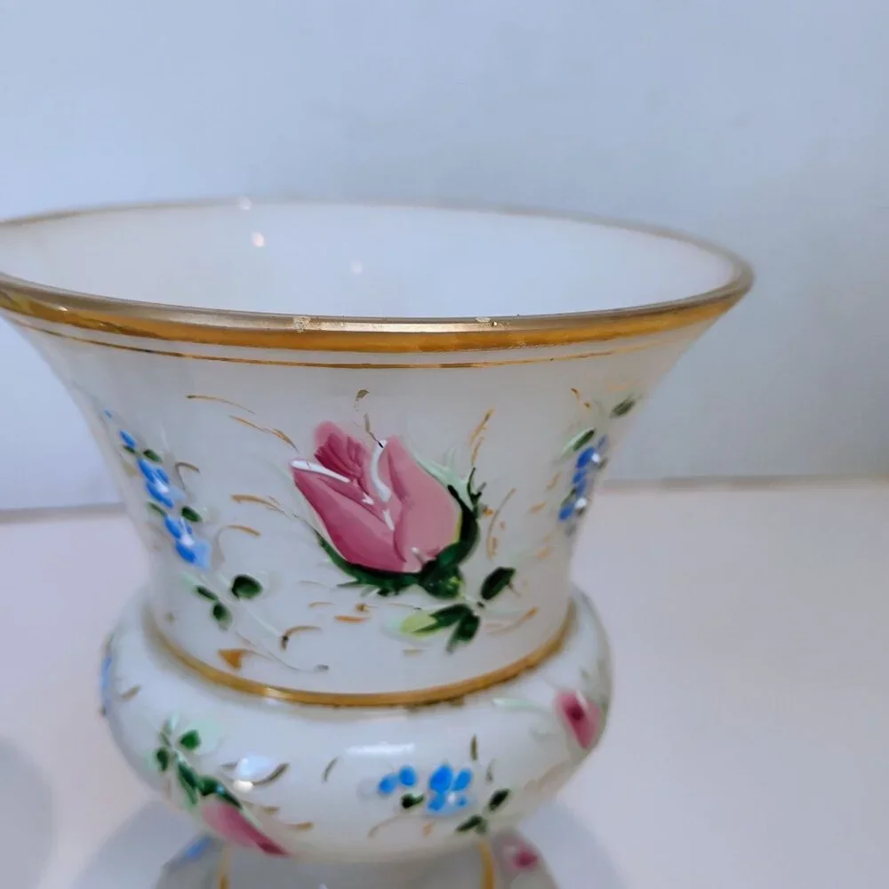 Bohemian Czech Cased Glass Vases Pair White Painted Pink Roses -CHIP READ